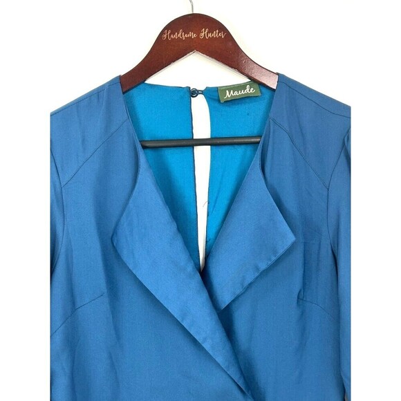 Maude Womens Size L Blue Mini Dress Faux Wrap Roll Tab Sleeves Lined Flowy U3 - Picture 5 of 12